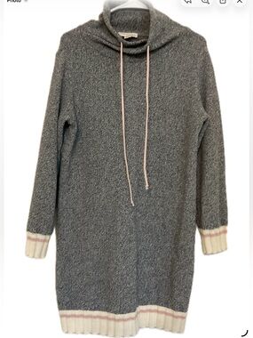 ***Cotton Country*** Gray Cowl-Neck Sweater Dress with Cream & Pink Trim